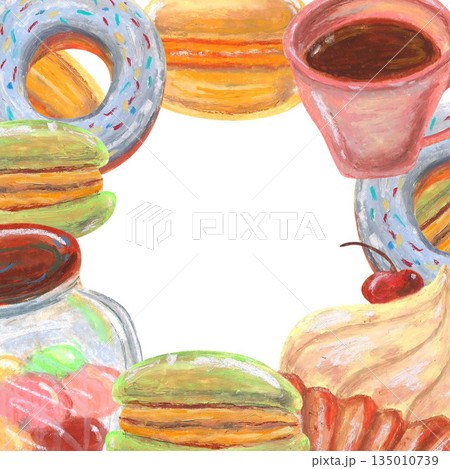 Jar of candies, cupcake donuts and macaroons, tea cup. Oil pastel drawn template. For interior designs, retro vintage settings, restaurant cafe menu stickers, cards and banners clip arts. 135010739
