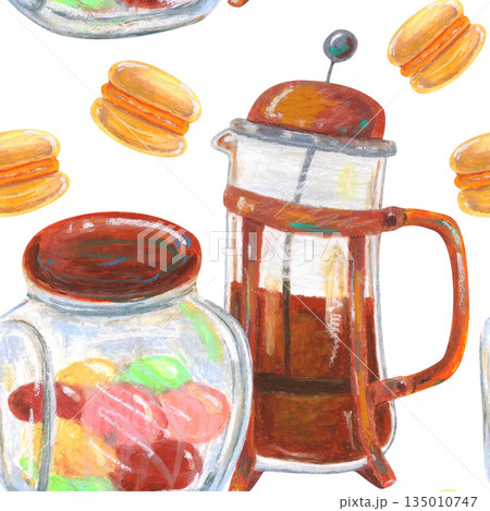 Jar of candies, French press and macaroons. Oil pastel drawn seamless pattern. For interior designs, retro vintage settings, restaurant cafe menu stickers, cards and banners clip arts. Jar of candies, French press and macaroons. Oil pastel drawn seamless pattern. For interior designs, retro vintage settings, restaurant cafe menu stickers, cards and banners clip arts. 135010747