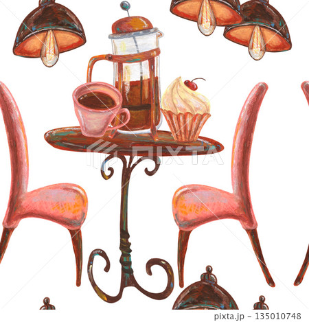 Grunge electric bulb, table and chair French press coffee cup Oil pastel drawn seamless pattern For interior designs, retro vintage settings, restaurant cafe menu stickers cards and banners clip arts. 135010748