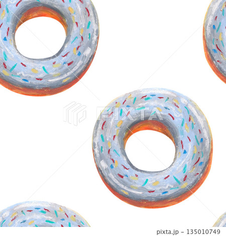Classic donut in blueberry glaze, colored sprinkles. Oil pastel drawn seamless pattern. For interior designs, retro vintage settings, restaurant cafe menu stickers, cards and banners clip arts. Classic donut in blueberry glaze, colored sprinkles. Oil pastel drawn seamless pattern. For interior designs, retro vintage settings, restaurant cafe menu stickers, cards and banners clip arts. 135010749