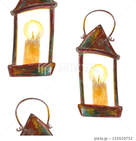 Rustic old candlestick lantern. Oil pastel drawn seamless pattern. For interior designs, retro vintage settings, restaurant cafe menu decorated, stickers, greeting cards and banners clip arts. 135010752