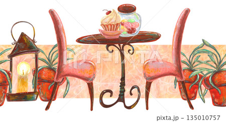 Old candlestick lantern, table and chair, houseplant in pot. Oil pastel drawn seamless border. For interior designs, retro vintage settings, restaurant cafe menu stickers cards and banners clip arts. 135010757