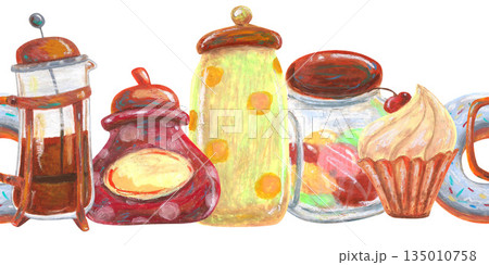 Sugar bowl, cupcake with cream. French press, donut. Oil pastel drawn seamless border. For interior designs, retro vintage settings, restaurant cafe menu stickers cards and banners clip arts. 135010758