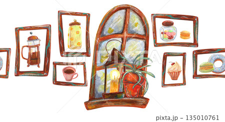 Wooden frames window, candlestick cupcake. French press, donut. Oil pastel drawn seamless border. For interior designs, retro vintage settings, restaurant cafe menu, cards and banners clip arts. Wooden frames window, candlestick cupcake. French press, donut. Oil pastel drawn seamless border. For interior designs, retro vintage settings, restaurant cafe menu, cards and banners clip arts. 135010761