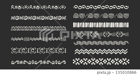 Set african tribal ethnic border, divider doodle hand drawn crayon from geometrical shapes isolated dark background. Boho motif scandinavian srtoke, traditional native decor. 135010866