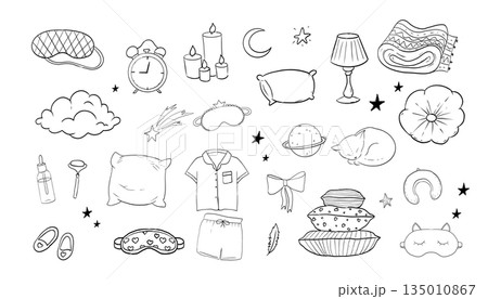 Sleep set hand drawn night symbols doodle. Pillow line bedroom relax, sleeping mask, stars and moon. Warm cozy clothes, socks. Sleepy mood,  135010867