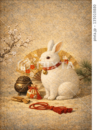 うさぎの置物と扇子の和風の風景 うさぎの置物と扇子の和風の風景 135010880