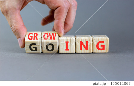 Going and growing symbol. Concept words Going Growing on beautiful wooden blocks. Beautiful grey background. Businessman's hand. Business going and growing concept. Copy space. 135011065