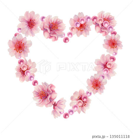 Pink floral hearts of cherry blossoms, shiny pearls. Watercolor illustration templates for weddings, Valentine's Day, Mother's Day, birthdays, frames, borders, postcards, greetings, and banners 135011118