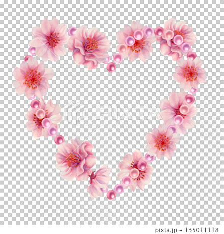Pink floral hearts of cherry blossoms, shiny pearls. Watercolor illustration templates for weddings, Valentine's Day, Mother's Day, birthdays, frames, borders, postcards, greetings, and banners 135011118