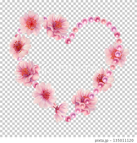 Pink floral hearts of cherry blossoms, shiny pearls. Watercolor illustration templates for weddings, Valentine's Day, Mother's Day, birthdays, frames, borders, postcards, greetings, and banners 135011120