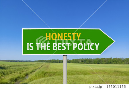 Honesty is the best policy symbol. Concept words Honesty is the best policy on beautiful green road sign. Beautiful blue sky green field background. Business honesty is best policy concept Copy space 135011156