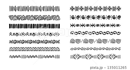 Set african tribal ethnic border, divider doodle hand drawn from geometrical shapes isolated. Boho motif scandinavian srtoke, traditional native decor. 135011265