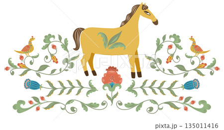 Yellow horse with folk decorative flowers and birds. Vector hand drawn flat silhouette illustration. Stylish design for clip art, diaries and planners decorated, stickers, greeting cards and banners. 135011416