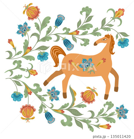 Orange horse with folk decorative flowers. Vector hand drawn flat silhouette illustration. Stylish design for clip art, diaries and planners decorated, stickers, greeting cards and banners. 135011420