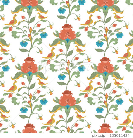 Yellow birds with folk decorative flowers in seamless pattern. Vector hand drawn flat illustration. Stylish design for clip art, diaries and planners decorated, stickers, greeting cards and banners. 135011424