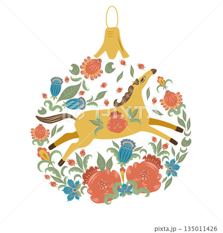 Yellow horse with folk flowers in Christmas ball. Vector hand drawn flat silhouette illustration. Stylish design for clip art, diaries and planners decorated, stickers, greeting cards and banners. 135011426