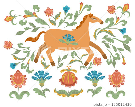 Orange horse running with folk decorative flowers. Vector hand drawn flat silhouette illustration. Stylish design for clip art, diaries and planners decorated, stickers, greeting cards and banners. 135011430