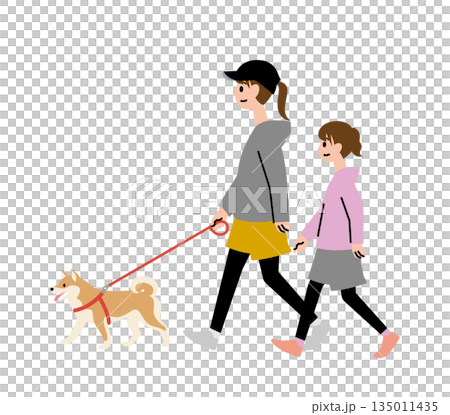 一位家長和她的孩子（年輕的母親和女兒）穿著休閒服裝遛著一隻柴犬。 135011435