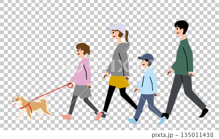 カジュアルな服装で柴犬の散歩をする4人家族 カジュアルな服装で柴犬の散歩をする4人家族 135011438