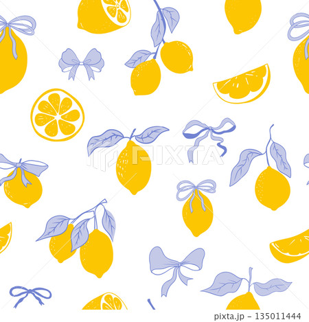 Cute coquette print lemon pattern, bow, stripes. Floral trellis citrus bg, background. Lemon with leaves, lemon slice, part. 135011444