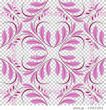 Square diagonal floral seamless pattern Mandala of pink curved leaves and flowers on gray background 135011852