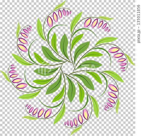 Gentle round ornament of green leaves and pink flowers. Mandala of curved leaves and flowers in ethnic style. Flower wreath on white background. Delicate spring bouquet of flowers. Gentle round ornament of green leaves and pink flowers. Mandala of curved leaves and flowers in ethnic style. Flower wreath on white background. Delicate spring bouquet of flowers. 135011856