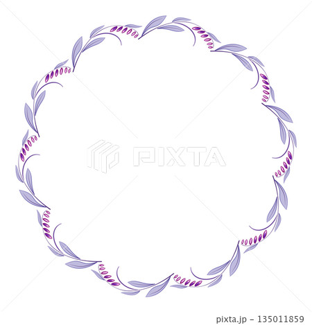 Round floral frame of purple leaves and flowers. Mandala of curved leaves and flowers in modern style. Flower wreath on white background. Delicate spring ornament of flowers. Round floral frame of purple leaves and flowers. Mandala of curved leaves and flowers in modern style. Flower wreath on white background. Delicate spring ornament of flowers. 135011859