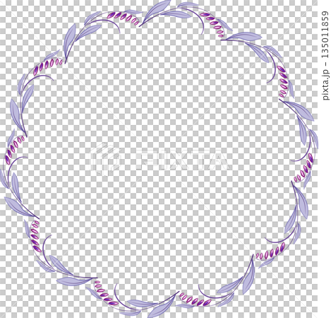 Round floral frame of purple leaves and flowers. Mandala of curved leaves and flowers in modern style. Flower wreath on white background. Delicate spring ornament of flowers. 135011859