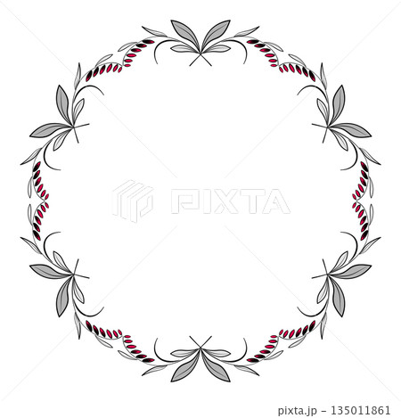 Round floral frame of curved leaves and flowers in modern style. Gray red plant wreath on white background. Delicate spring ornament of flowers. 135011861