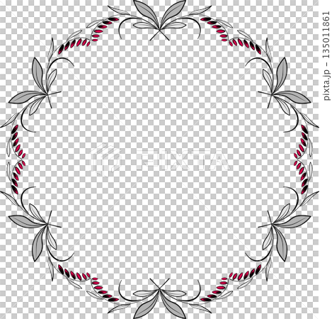 Round floral frame of curved leaves and flowers in modern style. Gray red plant wreath on white background. Delicate spring ornament of flowers. 135011861
