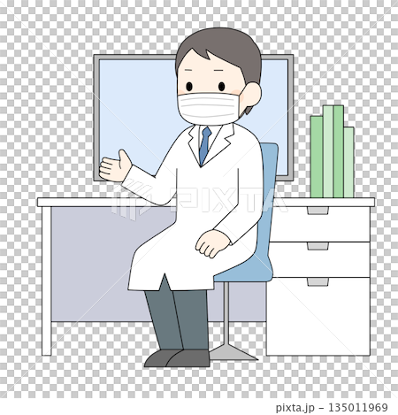 A color illustration of a male doctor in a white coat wearing a mask sitting in a chair in front of a desk with a monitor and explaining with gestures A color illustration of a male doctor in a white coat wearing a mask sitting in a chair in front of a desk with a monitor and explaining with gestures 135011969
