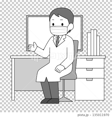 一幅單色插圖,描繪了一位身穿白大褂、戴著口罩的男醫生坐在辦公桌前的椅子上,面前擺著一台顯示器,他正用手勢進行講解。 一幅單色插圖,描繪了一位身穿白大褂、戴著口罩的男醫生坐在辦公桌前的椅子上,面前擺著一台顯示器,他正用手勢進行講解。 135011970