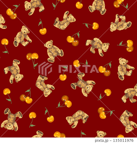 可愛いクマとサクランボのテキスタイルパターン 135011976