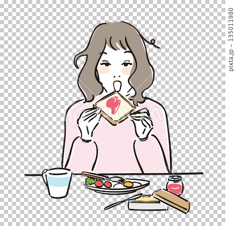 Cute woman eating breakfast toast Cute woman eating breakfast toast 135011980