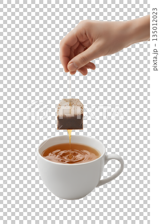 Hand dipping tea bag into a steaming cup of hot water, creating a relaxing moment for beverage, wellness, and break-time concepts 135012023