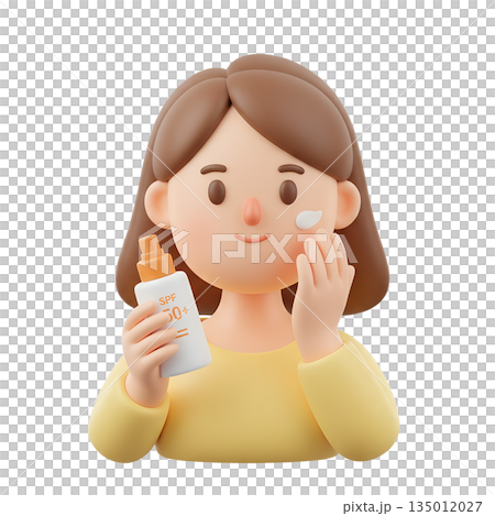 Cheerful 3d cartoon woman character applying sunscreen spf 50 to her face, promoting summer safety, skincare, and uv protection 135012027