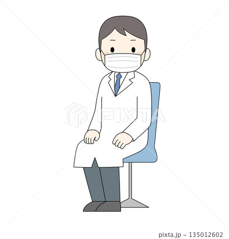 マスクを着用した白衣の男性医療従事者が椅子に座って正面を見るカラーイラスト 135012602