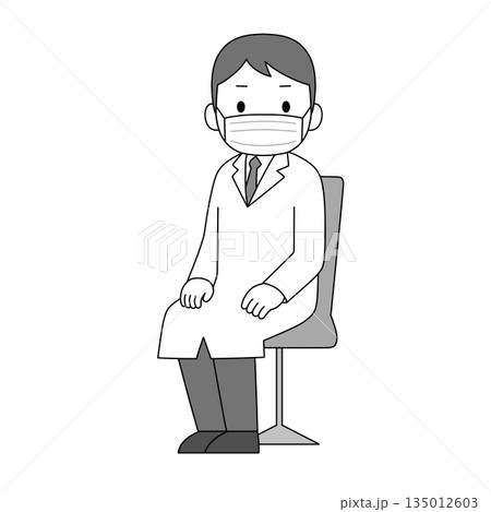 マスクを着用した白衣の男性医療従事者が椅子に座って正面を見るモノクロイラスト 135012603
