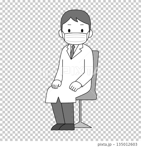 マスクを着用した白衣の男性医療従事者が椅子に座って正面を見るモノクロイラスト 135012603
