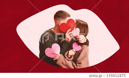 Modern collage of couple holding heart shapes inside kiss mark cutout. 135012875