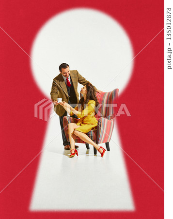 Romantic poster of vintage couple inside keyhole shape. Romantic poster of vintage couple inside keyhole shape. 135012878