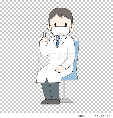 マスクを着用した白衣の男性が椅子に座りちらを見ながら指を一本立てて説明や提案しているカラーイラスト 135013217