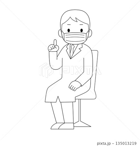 マスクを着用した白衣の男性が椅子に座りちらを見ながら指を一本立てて説明や提案している白黒線画イラスト 135013219