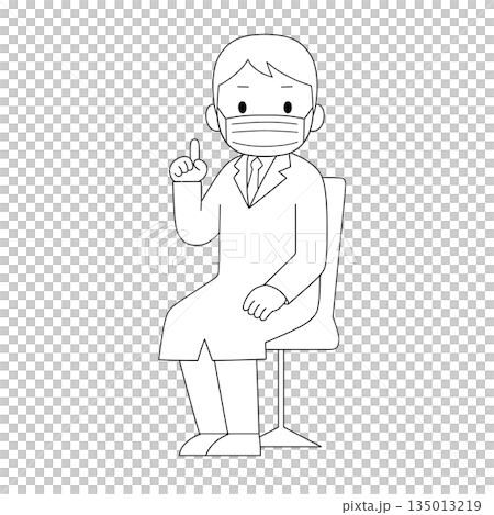 一幅黑白線條畫，畫中一個身穿白大褂、戴著口罩的男人坐在椅子上，看著什麼東西，舉起一根手指似乎在解釋或暗示什麼。 135013219