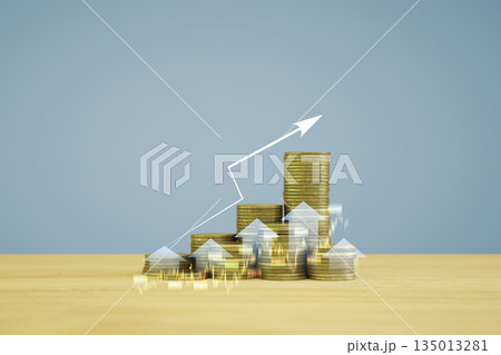 Fund, Save money, dividend and Interest rate concept. symbol and arrow pointing up on gold coins instead Return on Stocks, Funds long-term investment. income return retirement fund at stock market. Fund, Save money, dividend and Interest rate concept. symbol and arrow pointing up on gold coins instead Return on Stocks, Funds long-term investment. income return retirement fund at stock market. 135013281