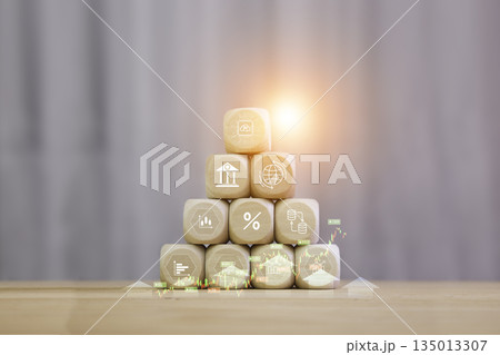 dividend and Interest rate concept. symbol and arrow pointing up on wood instead Return on Stocks and Mutual Funds long-term investment. income return retirement fund at stock market. 135013307