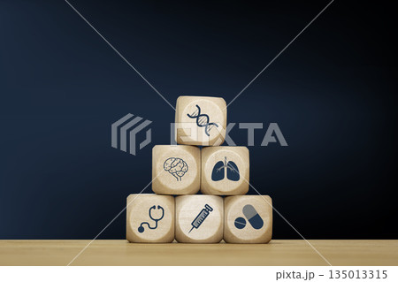 Longevity Concept with DNA, Vaccine and Medicine Icons on Wooden, syringe, and pill icons representing longevity, healthcare, medical innovation, and wellness for biotechnology, healthy living, Longevity Concept with DNA, Vaccine and Medicine Icons on Wooden, syringe, and pill icons representing longevity, healthcare, medical innovation, and wellness for biotechnology, healthy living, 135013315