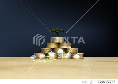 investment concept, Fund bond, stack of gold coins with growing on green background. wealth growth gold coins are displayed as graphs. Shows the beginning of the power of saving money in stocks. investment concept, Fund bond, stack of gold coins with growing on green background. wealth growth gold coins are displayed as graphs. Shows the beginning of the power of saving money in stocks. 135013317
