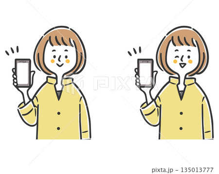 スマホの画面を見せる女性 上半身 ベクター スマホの画面を見せる女性 上半身 ベクター 135013777
